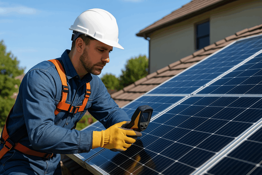 Técnico realizando manutenção em sistema solar, seguindo normas de segurança.