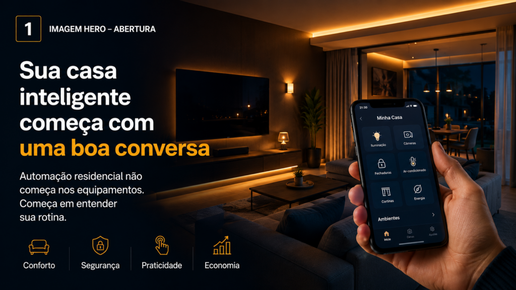 Automação residencial com controle de iluminação, câmeras e ar-condicionado pelo celular em sala moderna