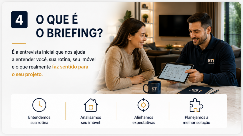 Reunião de briefing para automação residencial: alinhamento de rotina, prioridades e escopo do projeto
